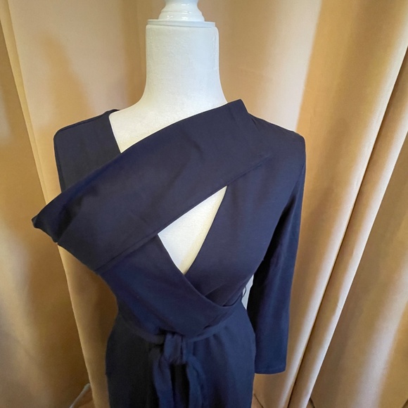 NEW! Pact Midnight Blue Belted Fit and Flare Faux Wrap Dress Size Small NWT! - Picture 5 of 10